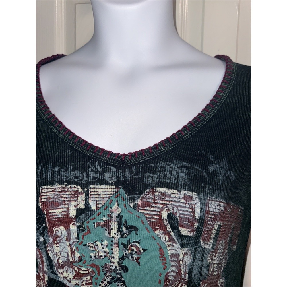 Vintage Women's Lust Embelished Dark Green Long Sleeve Tunic Y2K Grunge Fairy - Picture 4 of 10